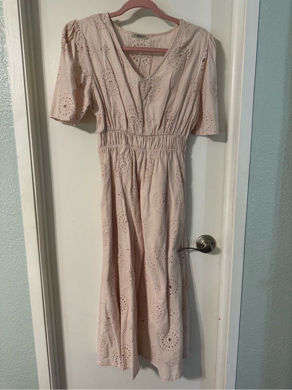 Eyelet Midi Dress with Smocked Waist - Pale Pink